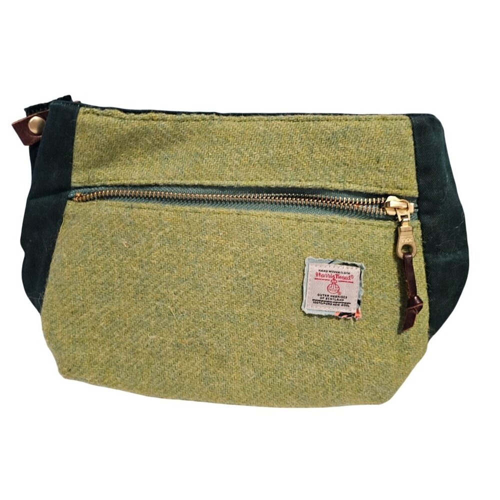 Harris Tweed Scotland Pure Wool Leather Zip Pouch Bag Green Fanny Pack Crossbody